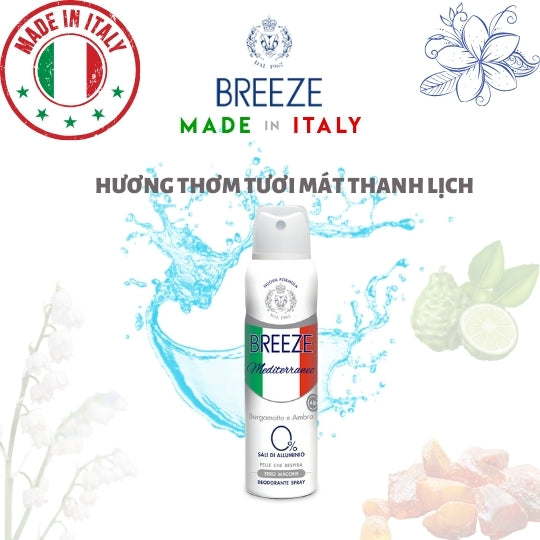 Xịt khử mùi nam nữ hương nước hoa Breeze Deo Spray Mediterraneo 0% Alnumium Salt 48H 150ml