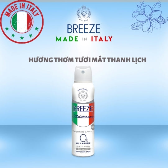 Xịt khử mùi nam nữ hương nước hoa Breeze Deo Spray Mediterraneo 0% Alnumium Salt 48H 150ml