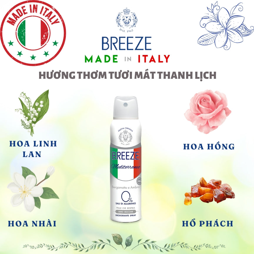 Xịt khử mùi nam nữ hương nước hoa Breeze Deo Spray Mediterraneo 0% Alnumium Salt 48H 150ml