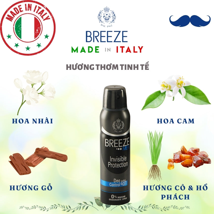 Xịt khử mùi nam hương nước hoa Spray Deodorant Breeze Men Invisible Protection 150ml