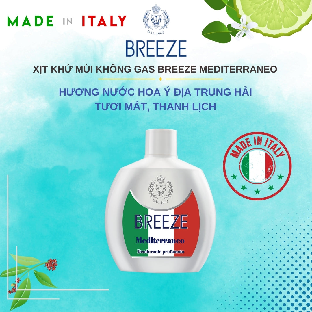 Xịt Khử Mùi Cơ thể Nam Nữ Không Gas nam nữ Breeze Squeeze Mediterraneo 100ml