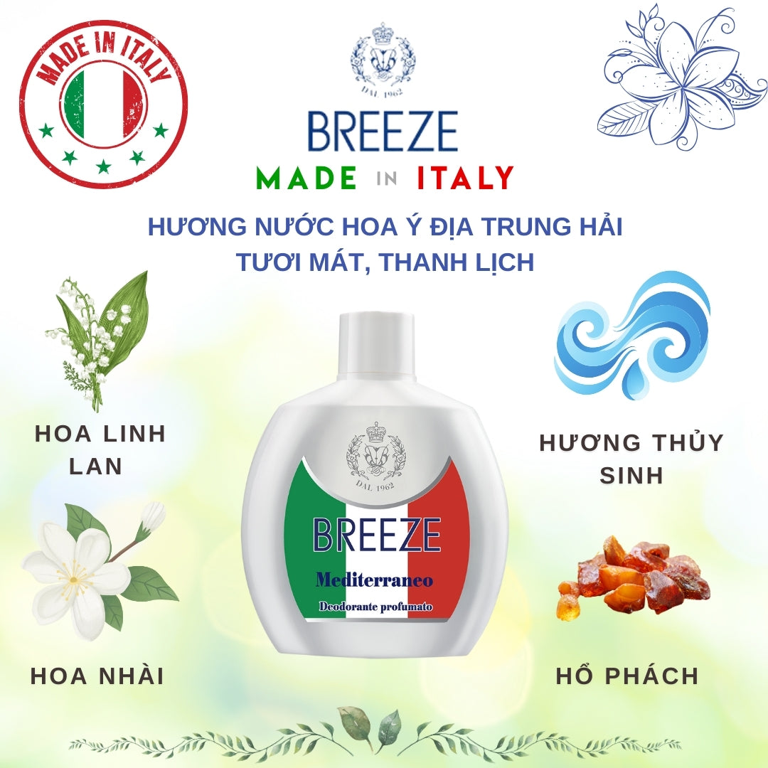 Xịt Khử Mùi Cơ thể Nam Nữ Không Gas nam nữ Breeze Squeeze Mediterraneo 100ml